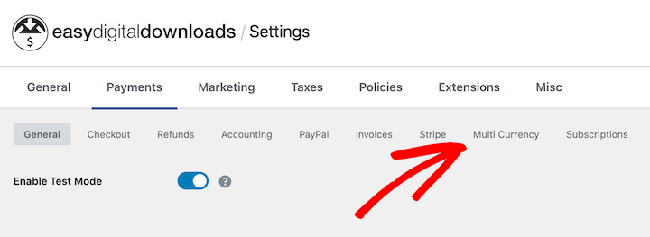 The EDD Multi Currency extension settings menu item in WordPress.