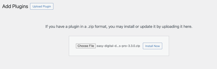 Uploading and installing Easy Digital Downloads WordPress plugin.