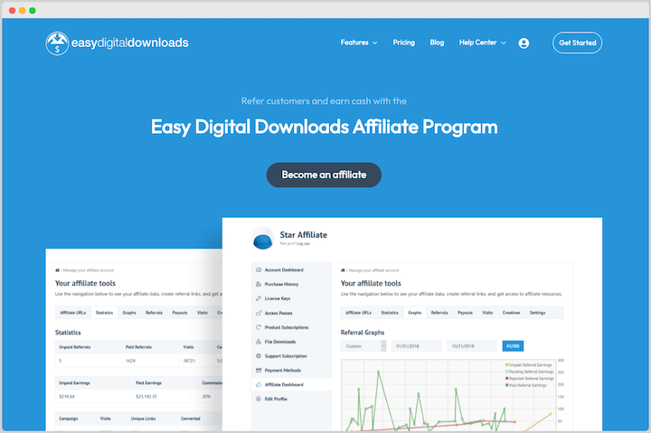 Easy Digital Downloads affiliate marketing program member join page.