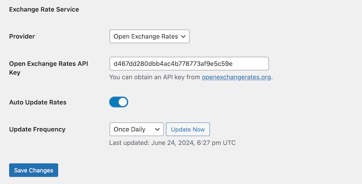 The EDD Multi Currency exchange rate service settings.