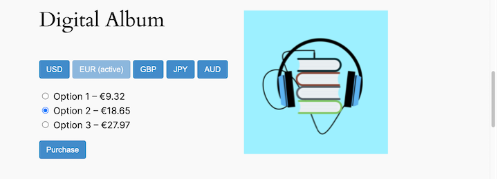 A WordPress product page showing multiple currency options.