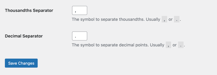 Separator currency format settings in EDD.