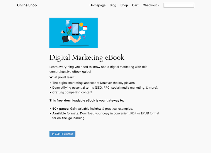 A product page to sell digital content eBook in WordPress.