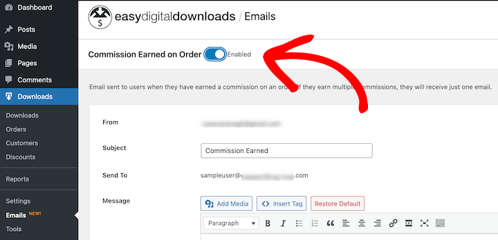 Enabling the EDD Commissions setting for commissions earned on order emails.