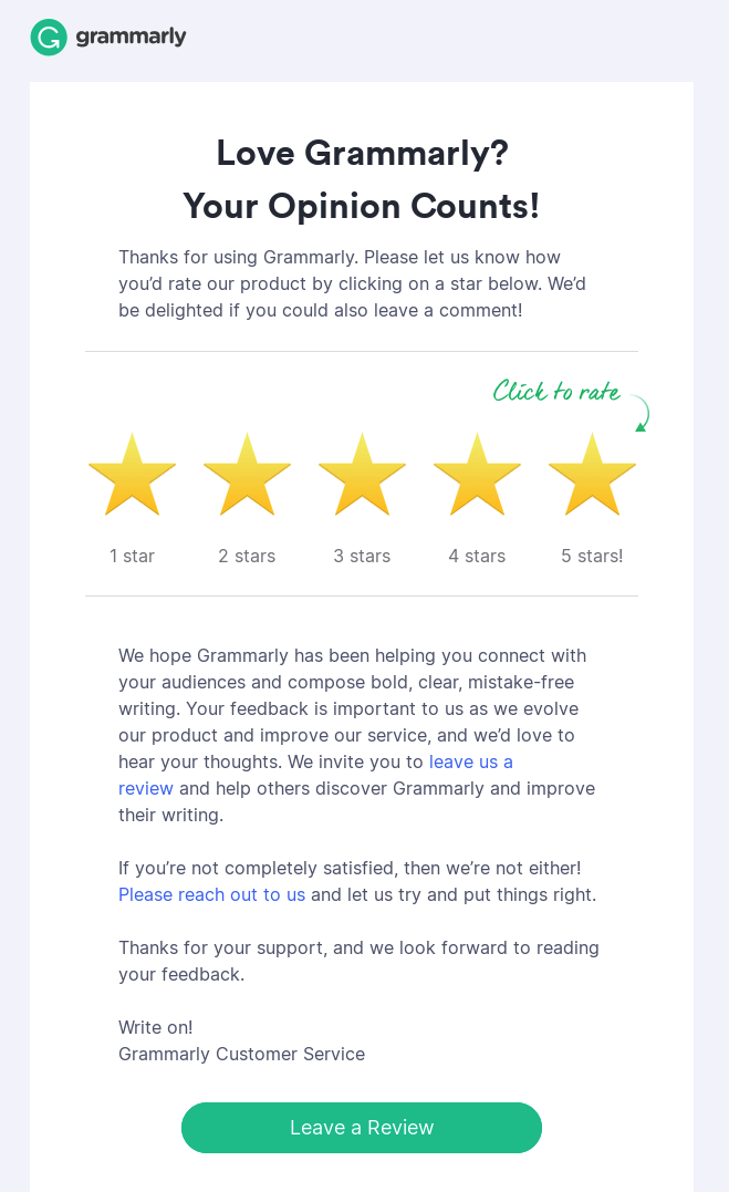 Post-purchase emails requesting customer feedback.