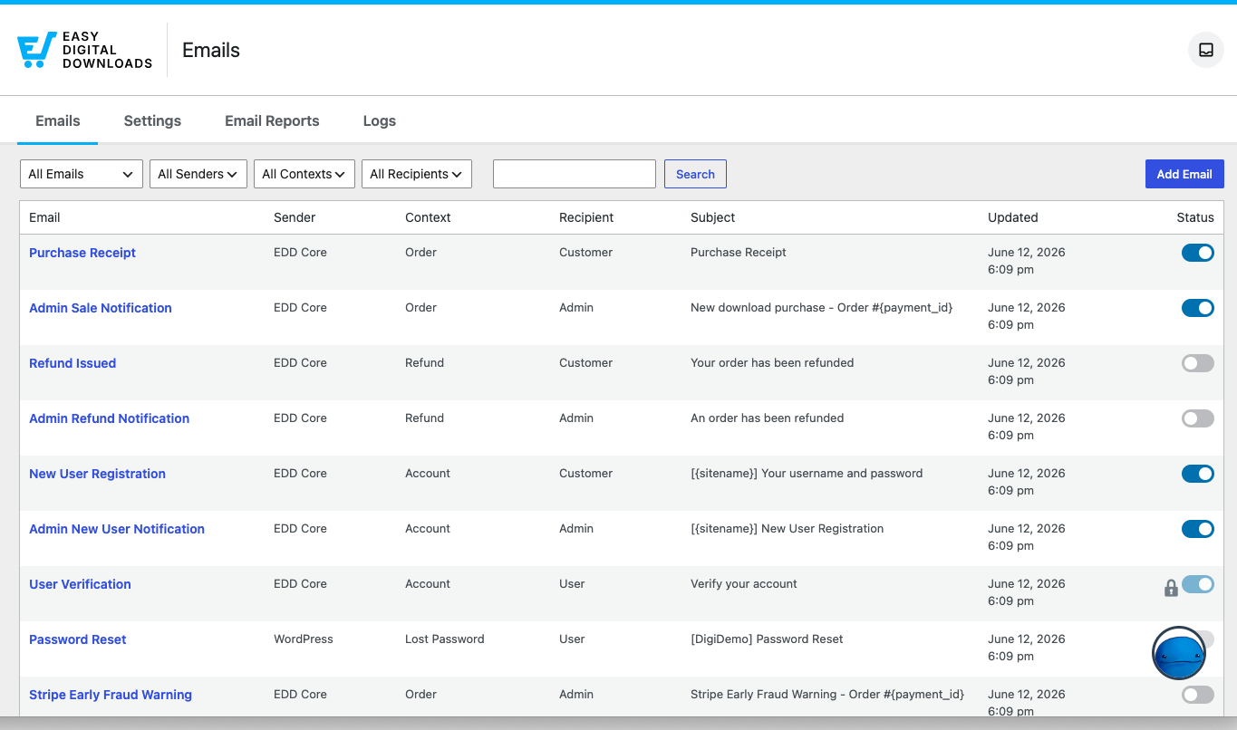 Panel e-maili Easy Digital Downloads.