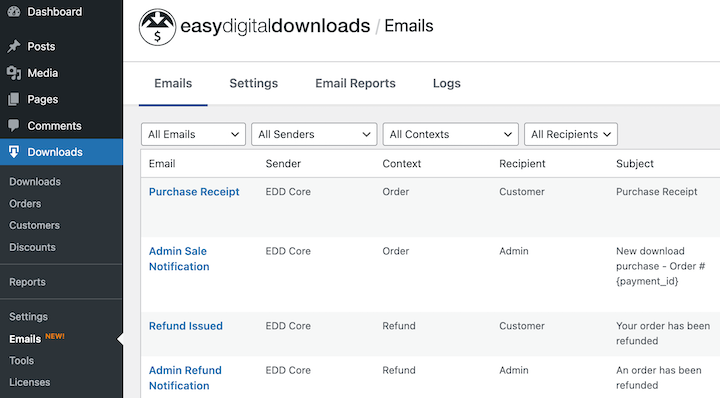 The Emails interface of Easy Digital Downloads. 