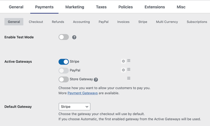 Enabling Stripe payment gateway in Easy Digital Downloads payment settings.