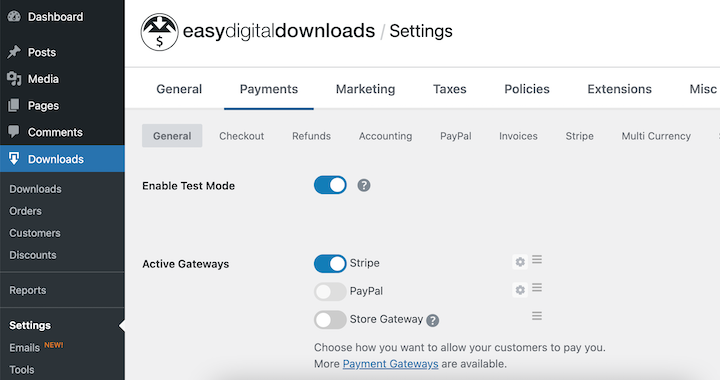 Payment settings in Easy Digital Downloads.