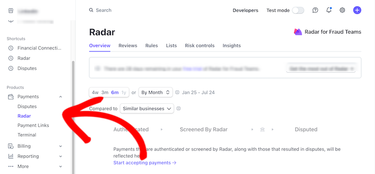 Stripe Radar dashboard for early fraud warnings.