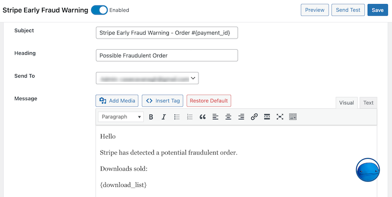 Configuring EDD emails for Stripe early fraud warnings.