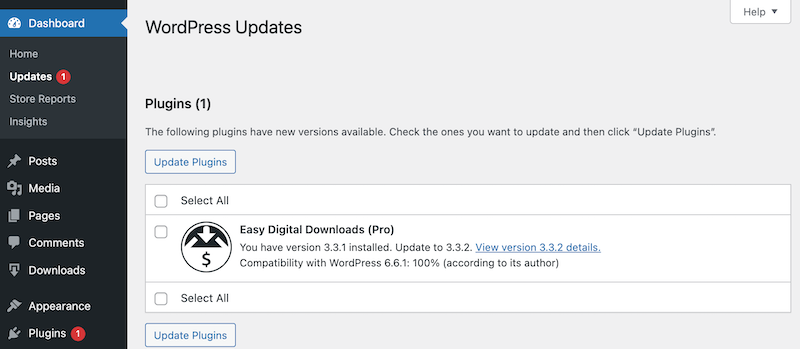 WordPress Easy Digital Downloads Plugin update available.