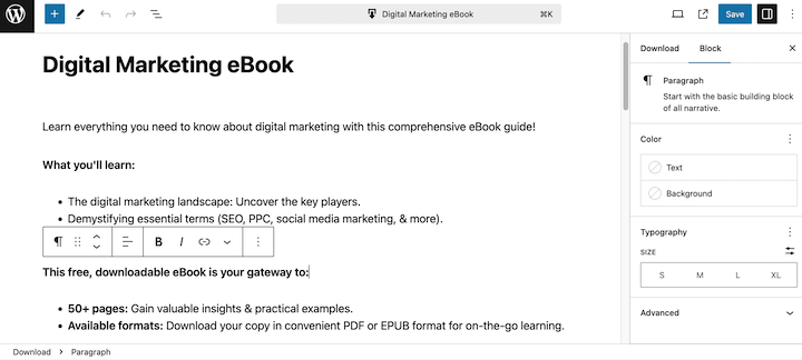 A digital download product page for an eBook in WordPress.