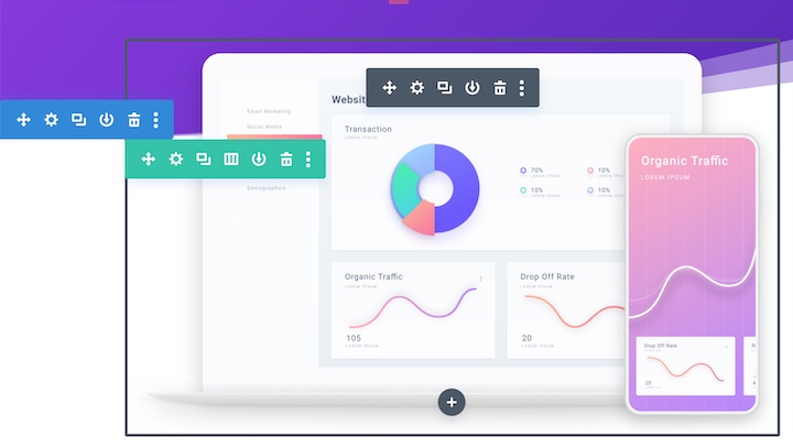 The drag-and-drop editor of the Divi theme builder. 