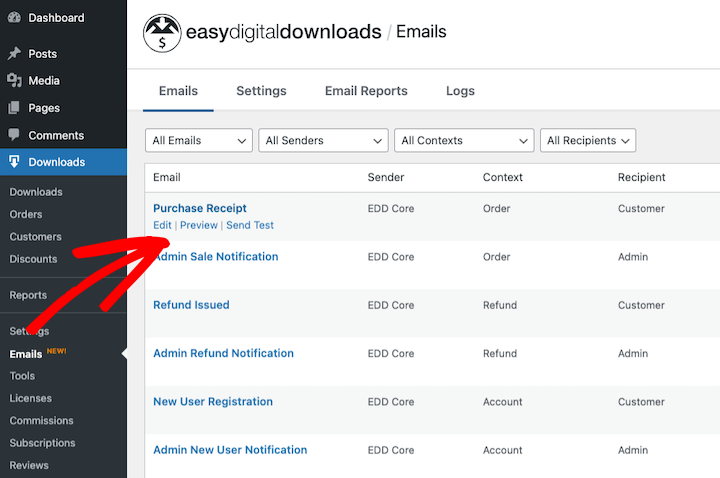 The Easy Digital Downloads email templates dashboard.