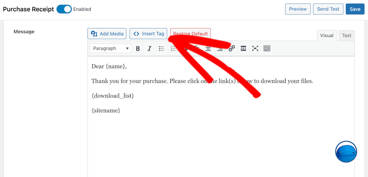 Inserting smart tags in email marketing template with Easy Digital Downloads.