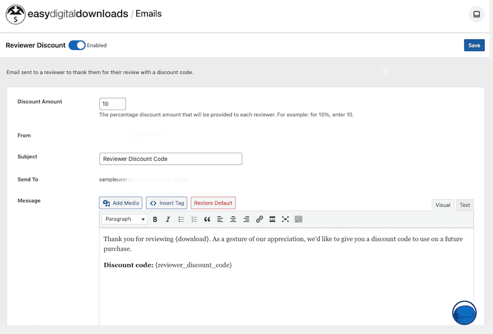 The Easy Digital Downloads email template to send reviewers a discount.
