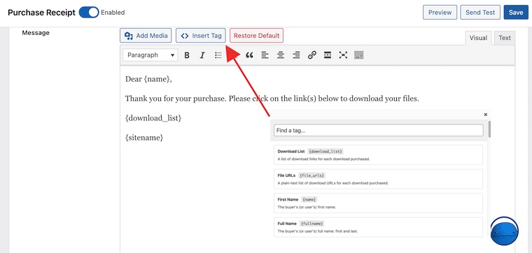 The list of smart tags for an Easy Digital Downloads purchase receipt email template.