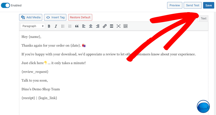 Saving and previewing email template with smart tags.