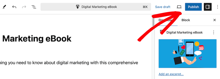 Option to save or publish a digital ebook download product page.