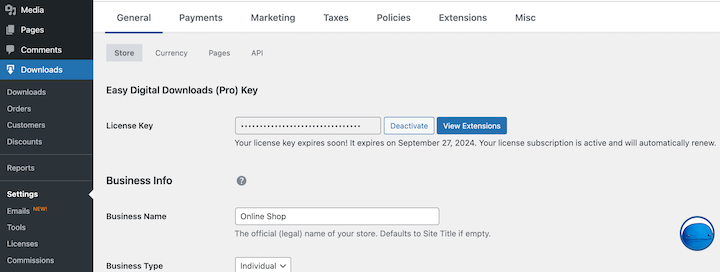 The general Easy Digital Downloads settings.