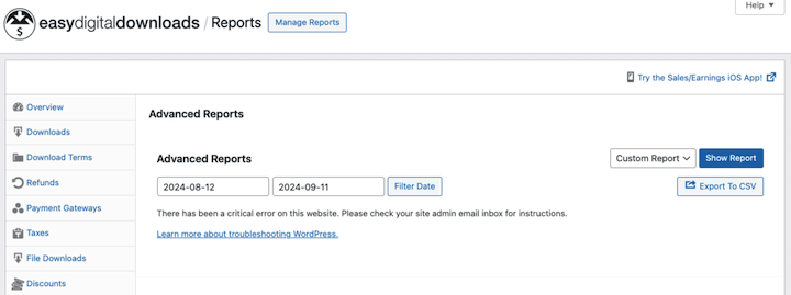 The WordPress and EDD page to manage advanced reports.