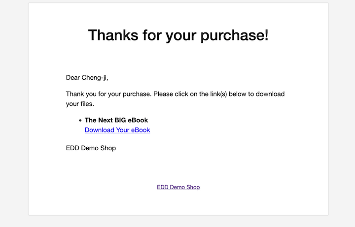 A purchase confirmation email receipt with eBook download link.