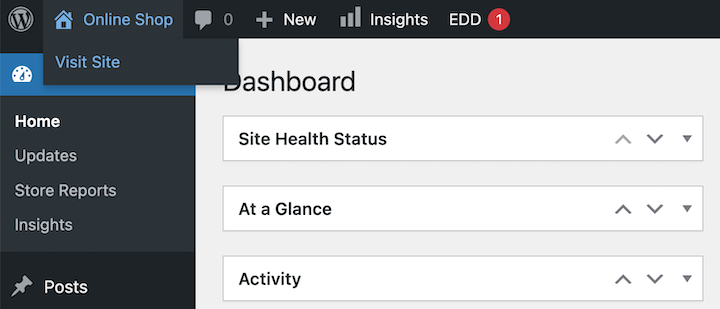 The option to visit a WordPress eCommerce site from the admin area.