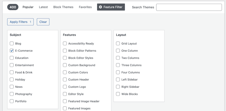 The WordPress theme feature filter by e-commerce options.