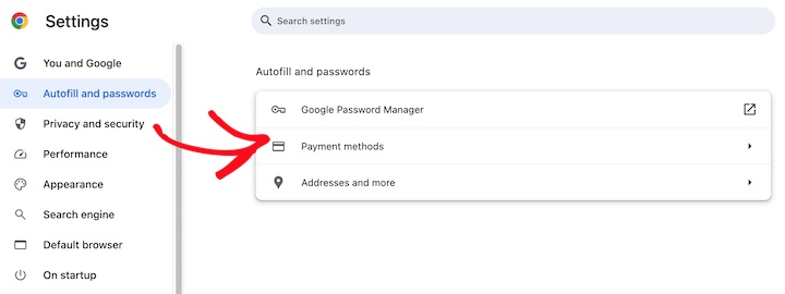 Payment methods in Google Chrome settings.