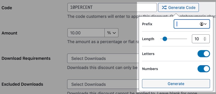 The Generate Code button in Easy Digital Downloads.