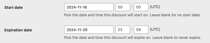 The start and end date discount settings in WordPress via EDD.