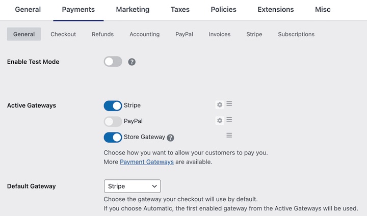 Setting Stripe as payment gateway in Easy Digital Downloads settings.