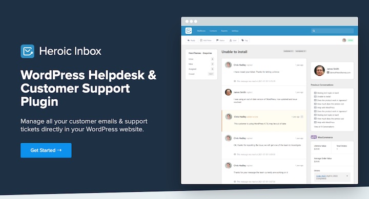 The Heroic Inbox WordPress HelpDesk plugin website from HeroThemes. 