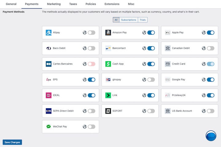 The multiple payment methods in Easy Digital Downloads Stripe settings.