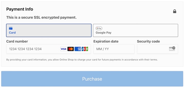 A WordPress checkout form that accepts Google Pay and credit cards. 