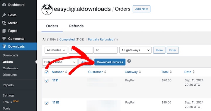 Invoice bulk generation option in Easy Digital Downloads.