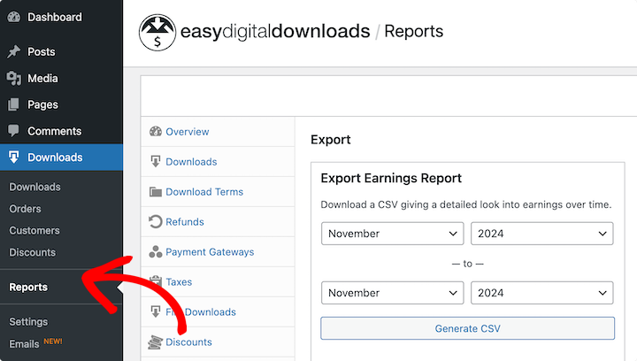 The EDD Reports section in WordPress.