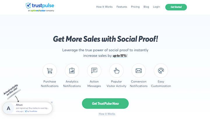 The TrustPulse website for displaying social proof.