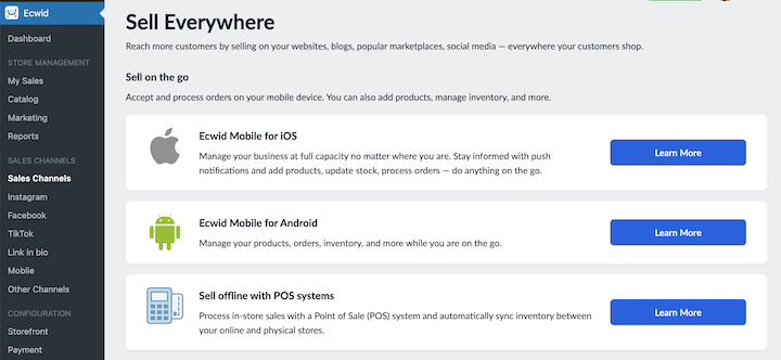 Ecwid eCommerce shopping cart plugin WordPress settings.