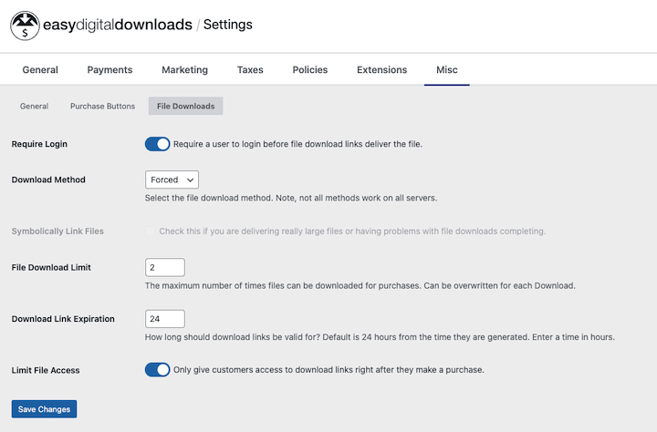 EDD settings for digital product download restrictions and limits for better security.