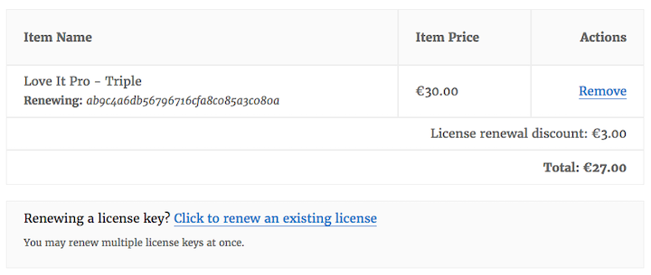 Example of renewing software licensing with Easy Digital Downloads.