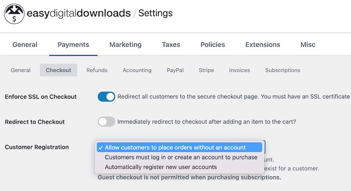 The option to enable guest checkout in Easy Digital Downloads. 