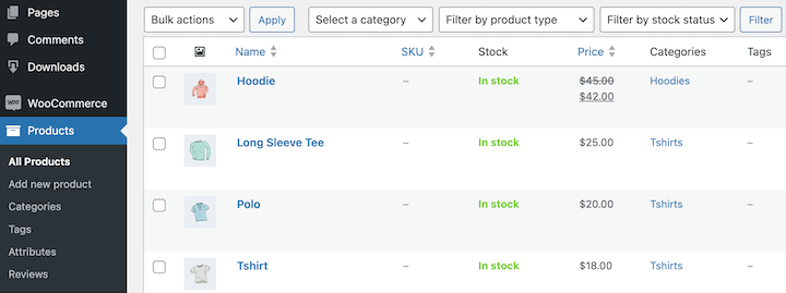 Products settings overview in WooCommerce.