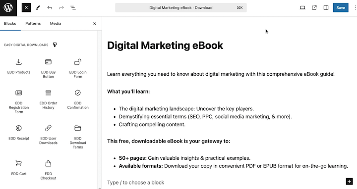 The selection of blocks from the free WordPress eCommerce plugin Easy Digital Downloads.