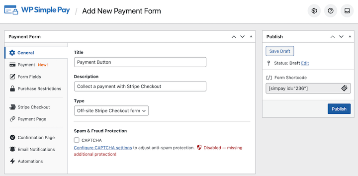 Creating a payment form in the free version of WP Simple Pay.