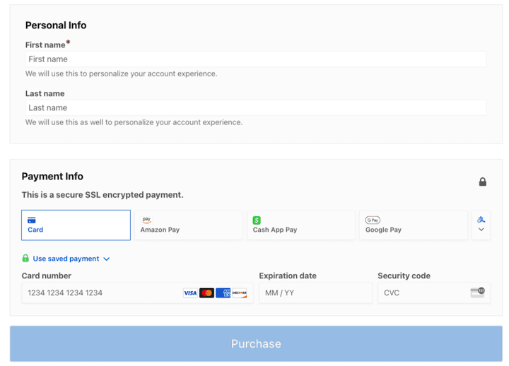 A checkout form that lets customers choose a payment method from multiple options.