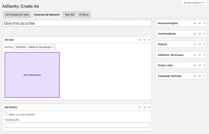 The WordPress interface of the AdSanity plugin to create an ad.