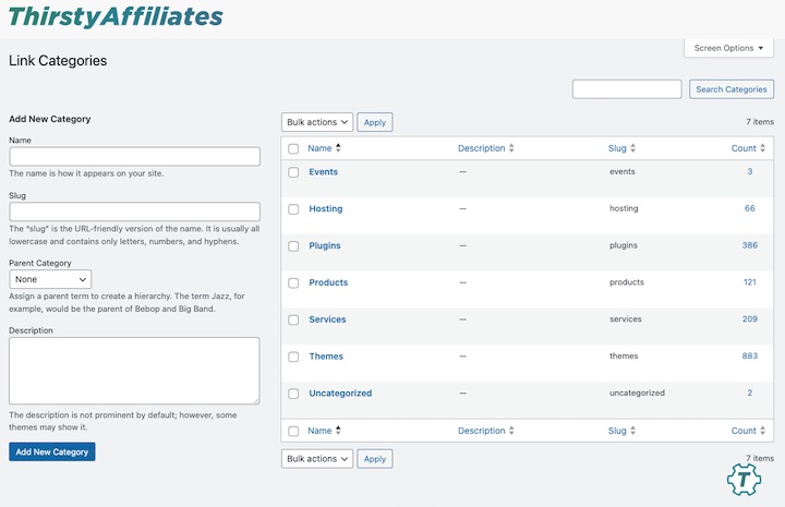 ThirstyAffiliates link categories plugin interface.