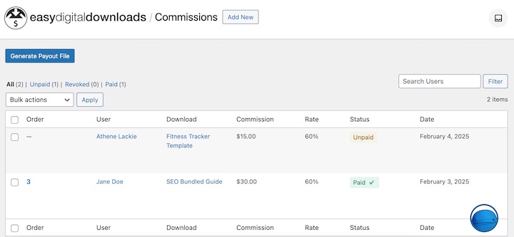 Commissions dashboard for digital product marketplace in Easy Digital Downloads.